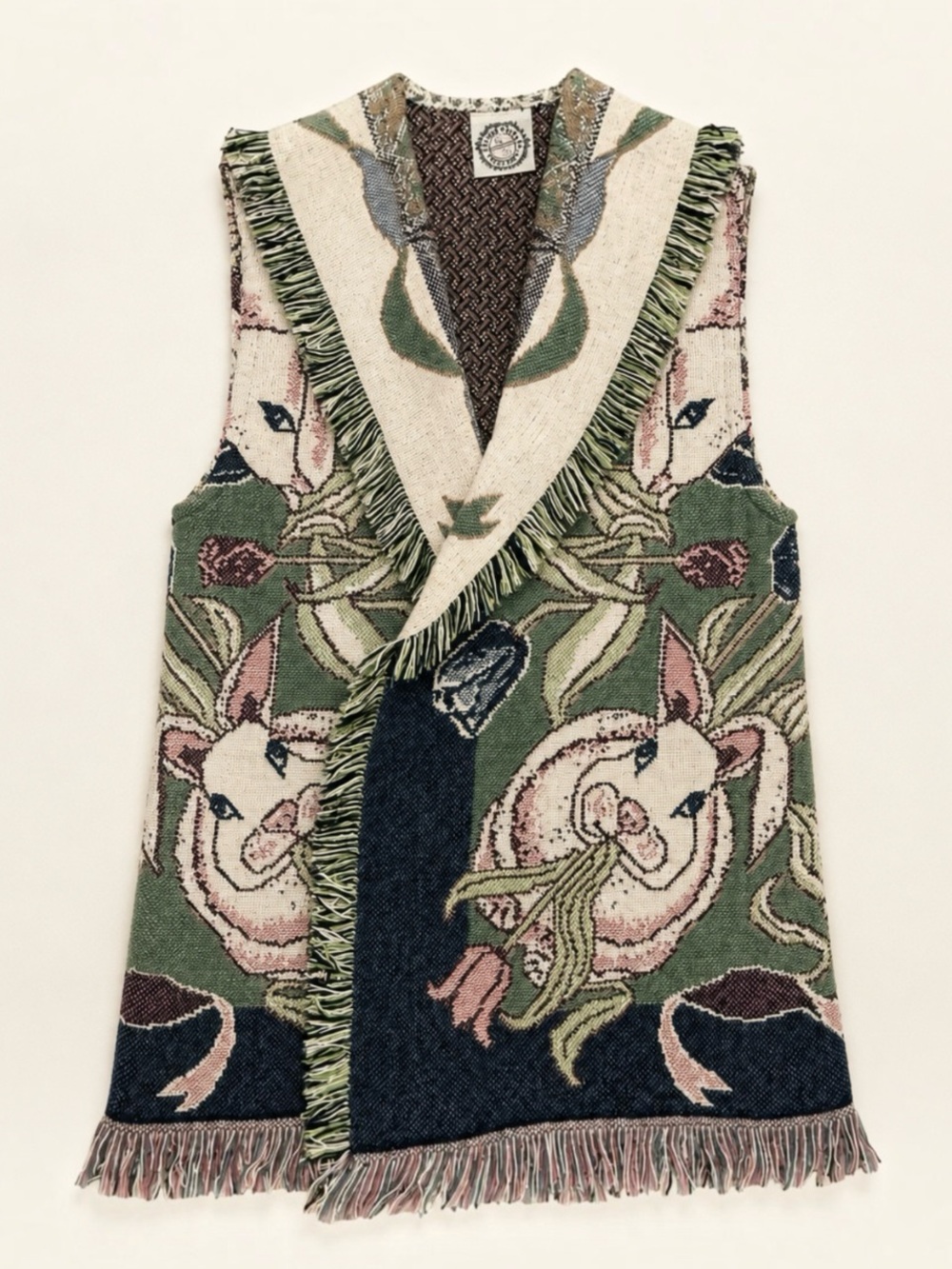 Sugar Street Weavers Rabbit Tulip Tapestry Fringe Vest M Cottagecore Folk Art - Picture 5 of 16